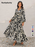 Women's Boho Floral Print Lantern Sleeve Dress, Fitted Waist Tie Design, Loose Fit Comfortable Casual Long Sleeve Dress for Fall Winter