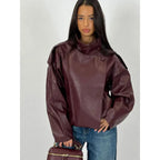 Black Faux Leather Jacket Stand Collar Oversized Moto Biker Jacket Elastic Hem Streetwear Casual Long Sleeve Waterproof Windproof Outerwear for Spring & Fall, Ladies Clothes for Daily Wear