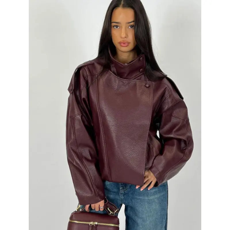 Black Faux Leather Jacket Stand Collar Oversized Moto Biker Jacket Elastic Hem Streetwear Casual Long Sleeve Waterproof Windproof Outerwear for Spring & Fall, Ladies Clothes for Daily Wear