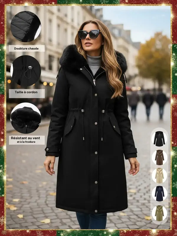 Women's Fall Winter Warm Fashion Mid-Length Parka Coat, Faux Fur Collar Drawstring Waist Belt, Windproof Waterproof Cold-Resistant