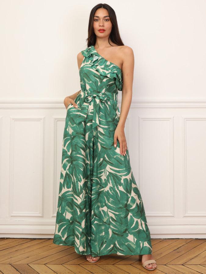 Asymmetric tropical print jumpsuit