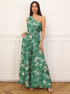 Asymmetric tropical print jumpsuit