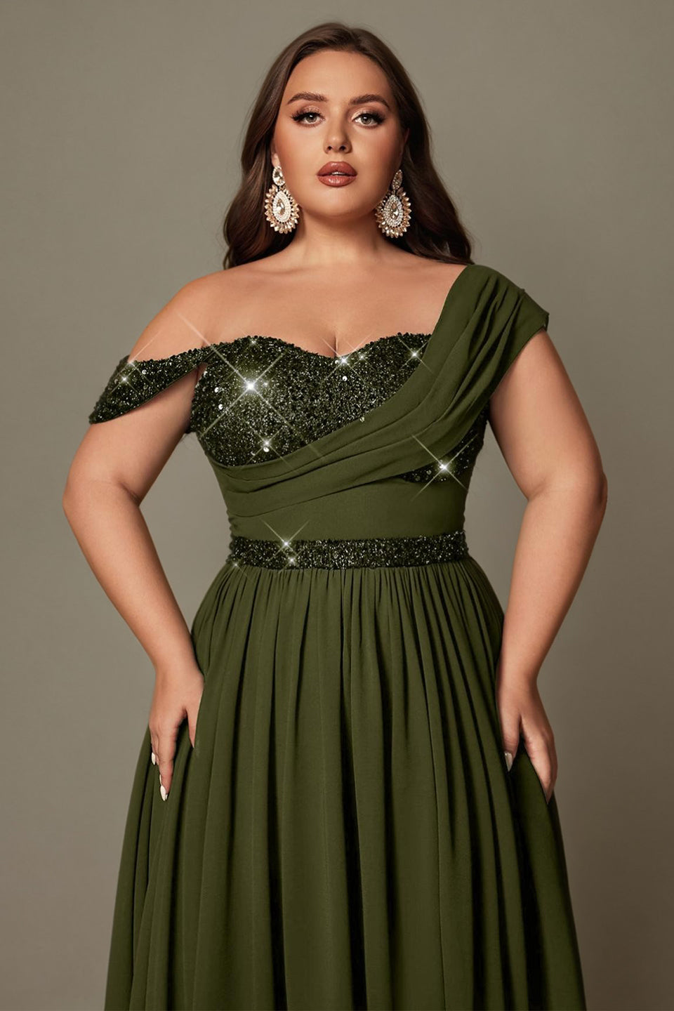 Curveins Plus Size Asymmetric One-Shoulder Sequin Side-Slit Maxi Dress