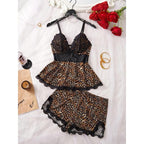 Women's Solid/leopard Print Strap Cami Top & Lace Trim Shorts Pyjama Two-piece Set, Casual Comfy Camisole & Shorts Pj Set, Ladies Sleepwear for All Seasons, Loungewear, Pajamas, Womenswear