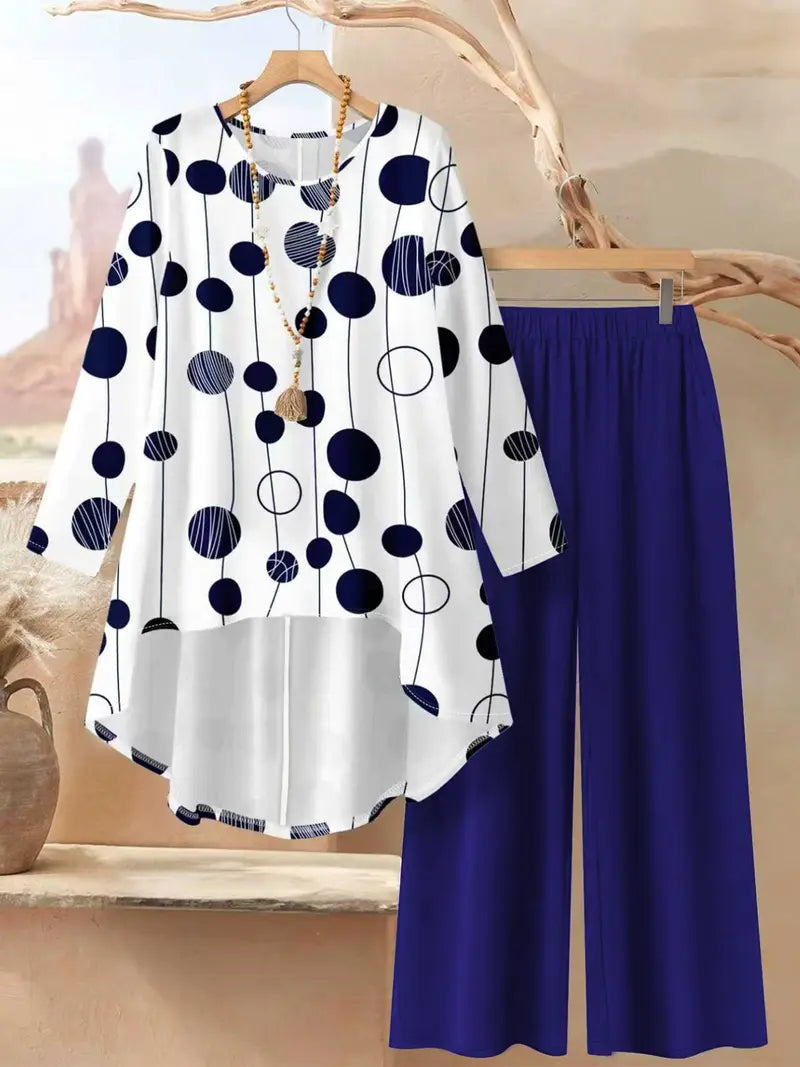 Women's Round Neck Irregular Long- Sleeved Fitted Top and Elastic Waist Solid Color Wide- Leg Pants Two-piece Matching Set, Suitable for Beach, Daily Outings, Holidays, Home, Casual Wear