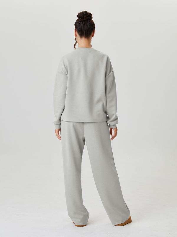 Women's Casual Solid Color Loose Long Sleeve Top & Exposed Stitches Trousers Co-ord
