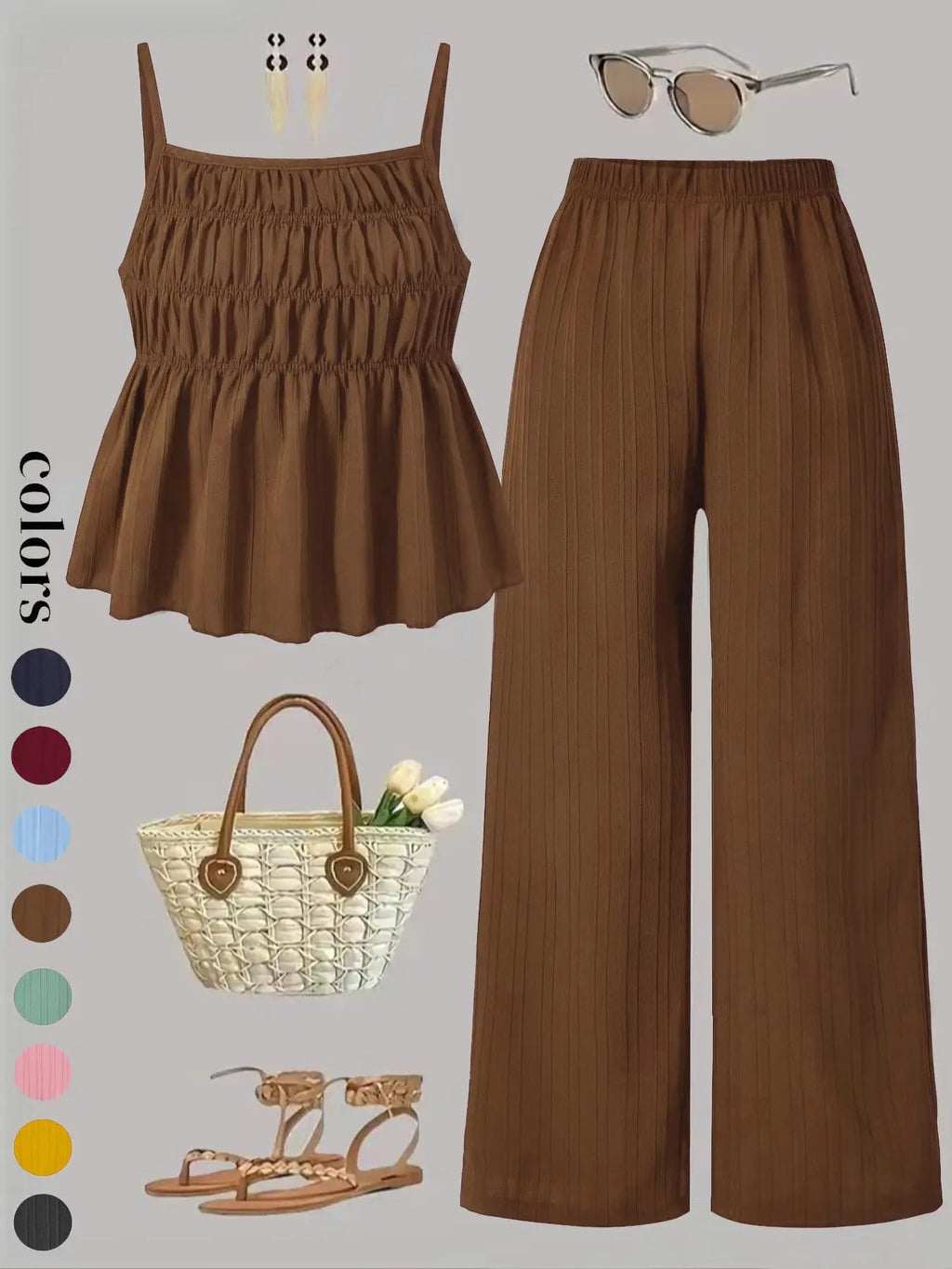 Two-Piece Set Women's Solid Color Cami Top & Wide Leg Pants Set