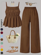 Two-Piece Set Women's Solid Color Cami Top & Wide Leg Pants Set