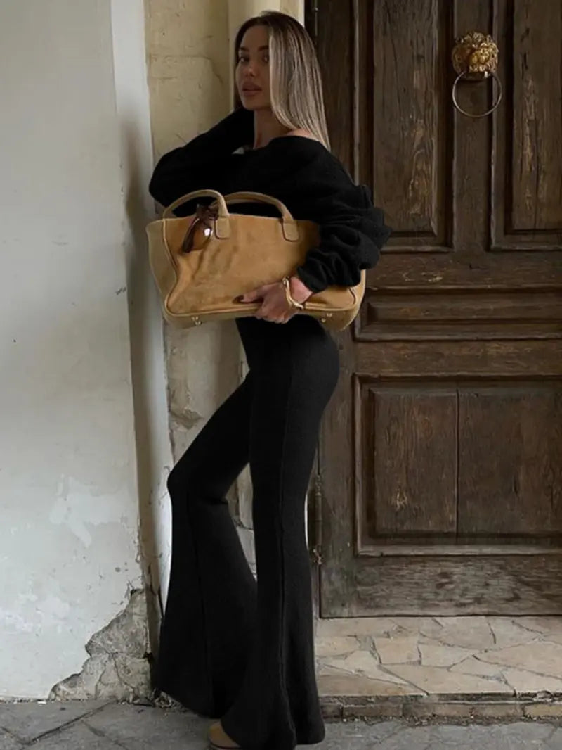 Women's Solid Asymmetrical Neck Top & Flare Leg Pants Set, Casual Drop Shoulder Long Sleeve Top & Trousers, Women's Fall & Winter Clothes for Daily Wear