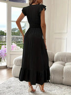 Women's Plain Shirred V Neck Dress, Elegant Fashion Casual Long Dress for Daily Outdoor Wear, Women's Dress for Summer