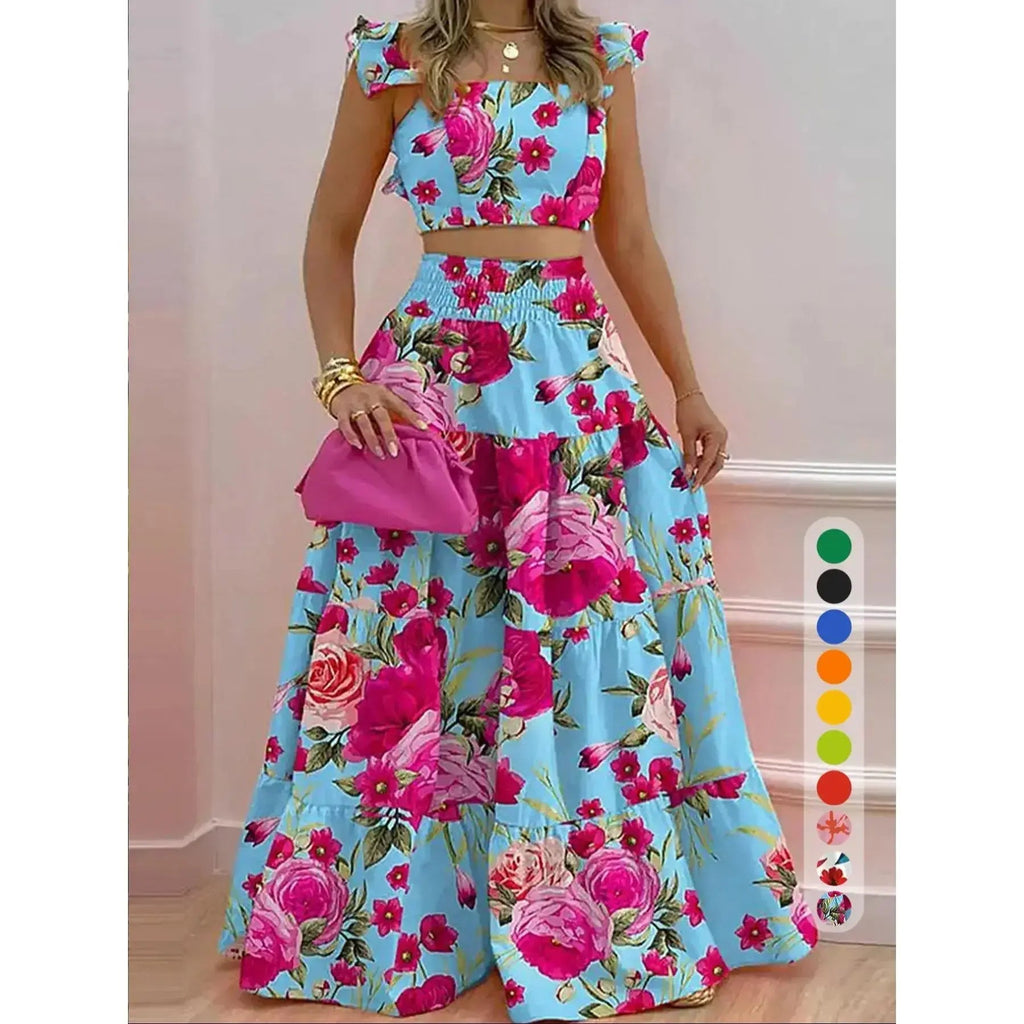 Women's Solid Color / Floral Print Shirred Top & Long Skirt Two-piece Set, Boho Fashion Casual Top & Skirt for Daily Holiday Vacation Wear, Ladies for Summer