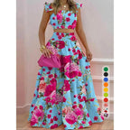 Women's Solid Color / Floral Print Shirred Top & Long Skirt Two-piece Set, Boho Fashion Casual Top & Skirt for Daily Holiday Vacation Wear, Ladies for Summer