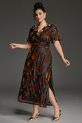 Curveins Plus Size Velvet Surplice Vintage Plain Maxi Dress