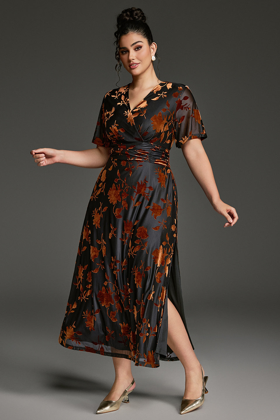 Curveins Plus Size Velvet Surplice Vintage Plain Maxi Dress