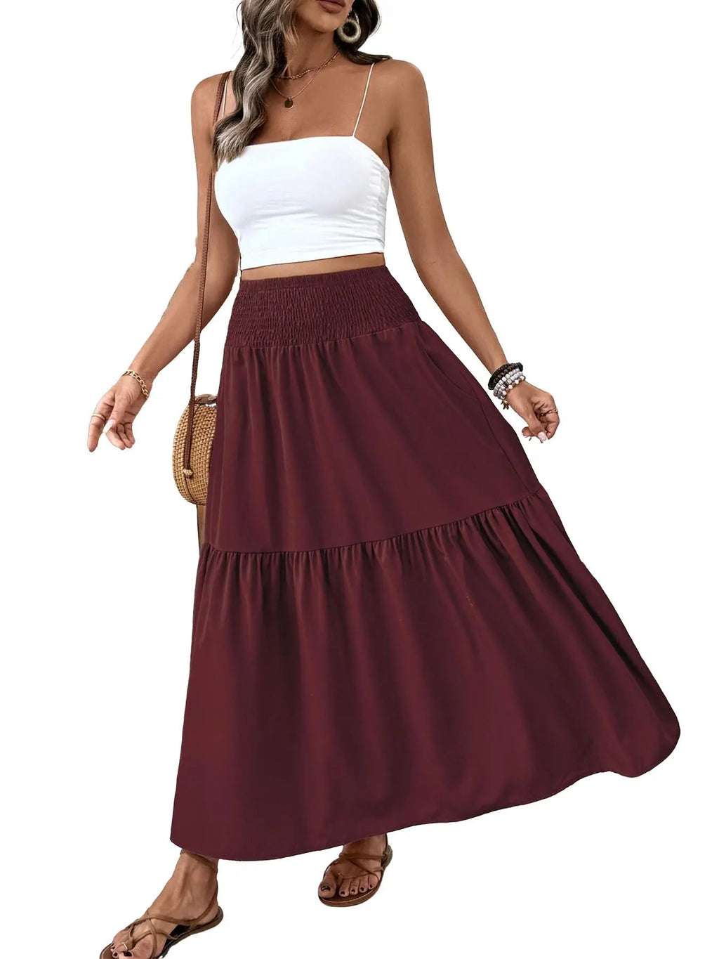 Women's Floral Casual A-Line Skirt, Elastic Waist Pockets, Leaf Hem, Long Fitted Skirt, Fashionable Mid-Length Dress