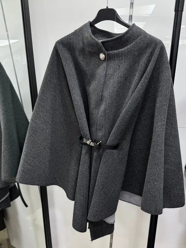 Women's Plain Front Buckle Belted Woolen Cape Coat