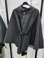 Women's Plain Front Buckle Belted Woolen Cape Coat