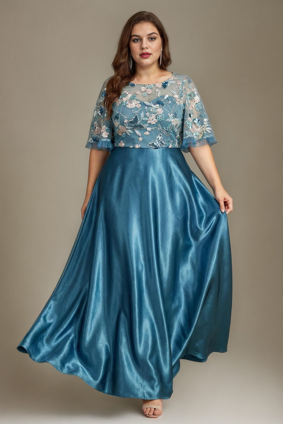 Curveins Plus Size Round Neck Batwing Sleeve Ruffle Patchwork Elegant Maxi Dress