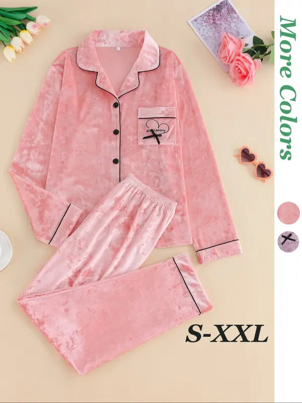 Women's Elegant Winter Pajama Set, Fitted Long Sleeve Button-Up Top & Warm Pants, Comfortable Home Wear for Cold Weather