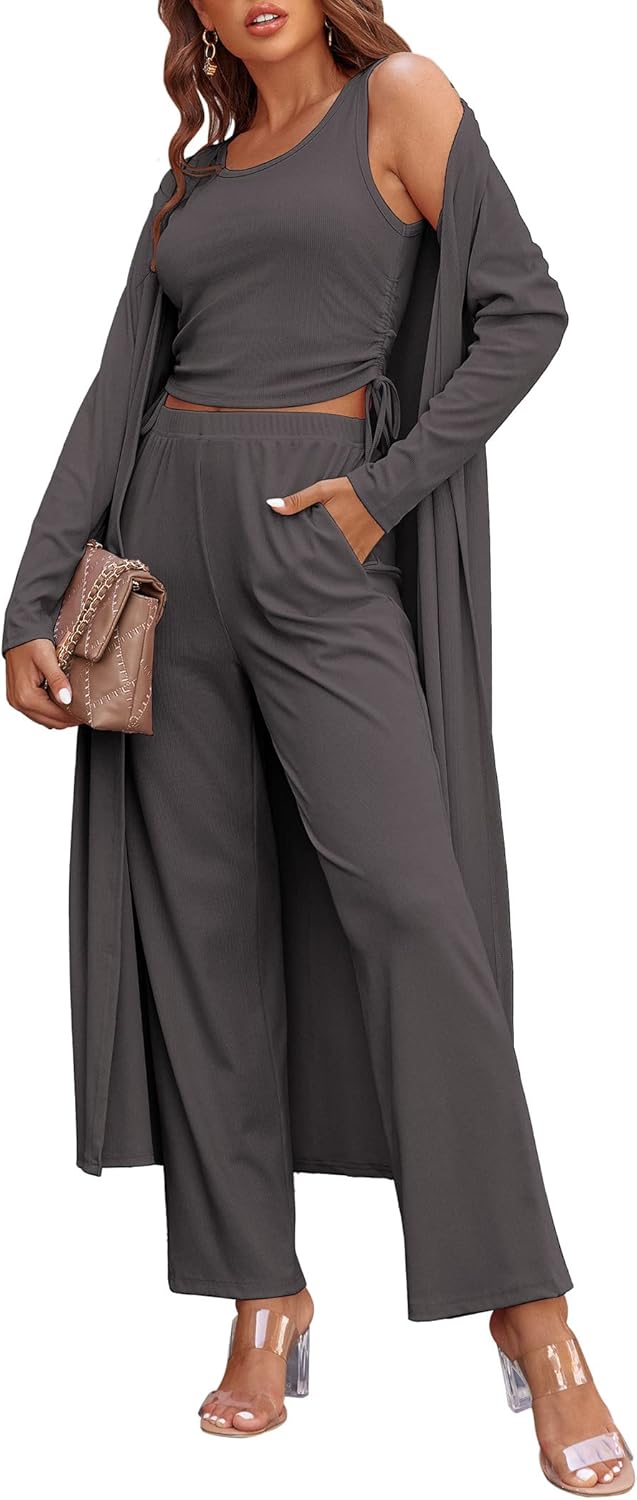 Women's 3 Piece Lounge Set Pajama Long Sleeve Cardigan Sleeveless Top Pants Sweatsuit