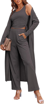 Women's 3 Piece Lounge Set Pajama Long Sleeve Cardigan Sleeveless Top Pants Sweatsuit
