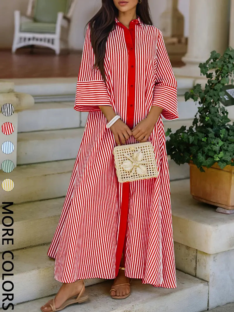 Elegant Women's Loose Collared Button Front Striped Shirt Dress