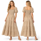 Robe longue femme smockée manches bouffantes coupe fluide à volants style élégant été