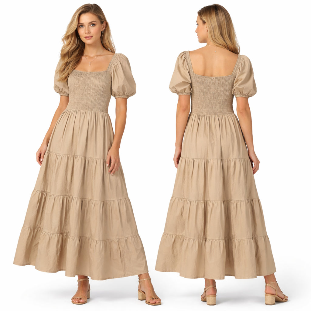 Robe longue femme smockée manches bouffantes coupe fluide à volants style élégant été