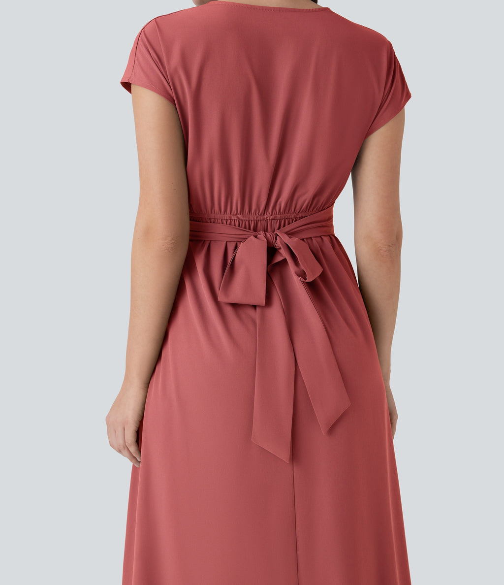 Casual midi dress, V-neck, short sleeves, side pockets, tie-back detail, quick-drying