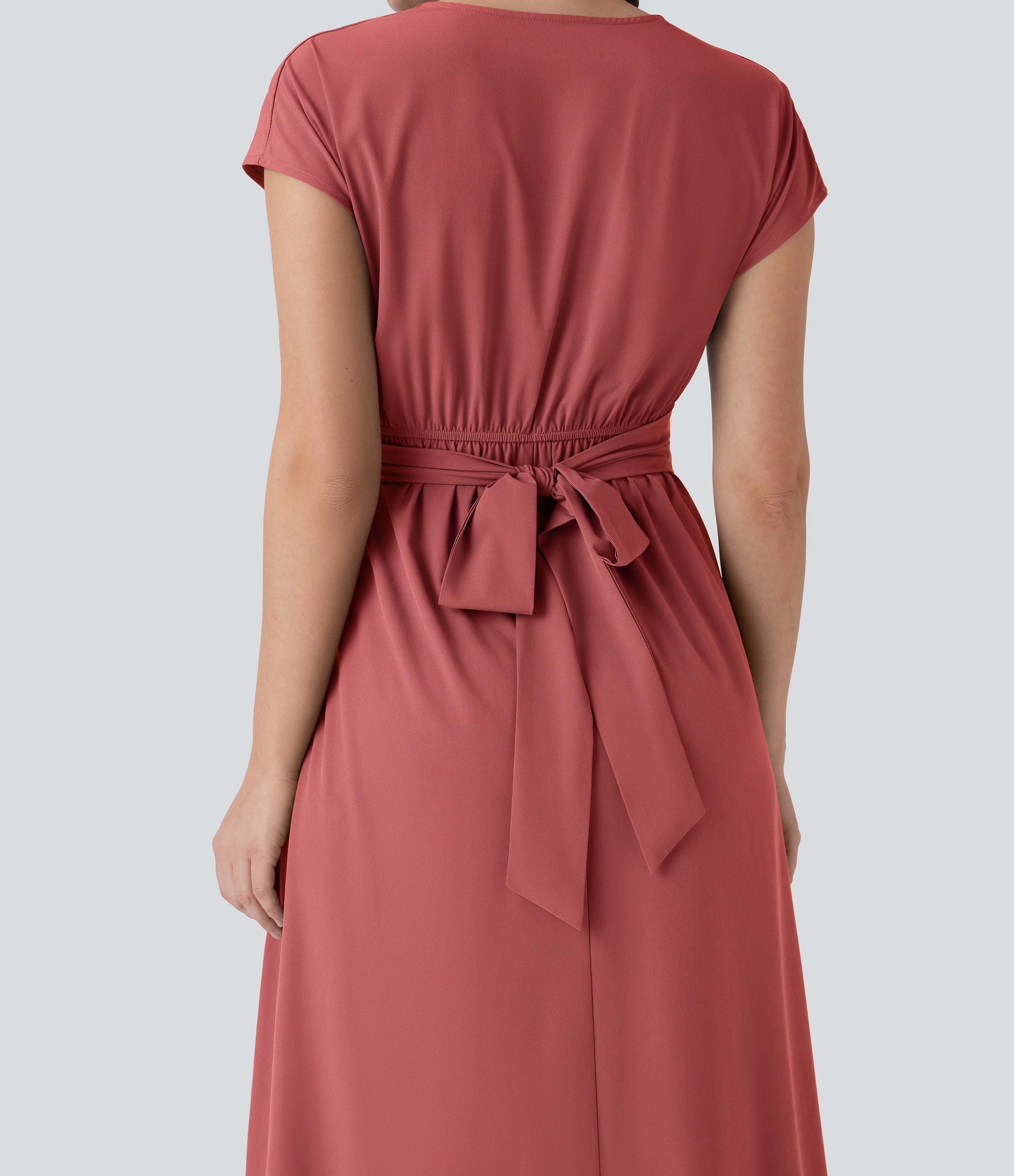 Casual midi dress, V-neck, short sleeves, side pockets, tie-back detail, quick-drying