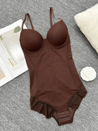 Women's Solid Color Contrast Mesh Sheer Cami Shapewear Bodysuit, Adjustable Strap Tummy Control Shapewear for All Seasons