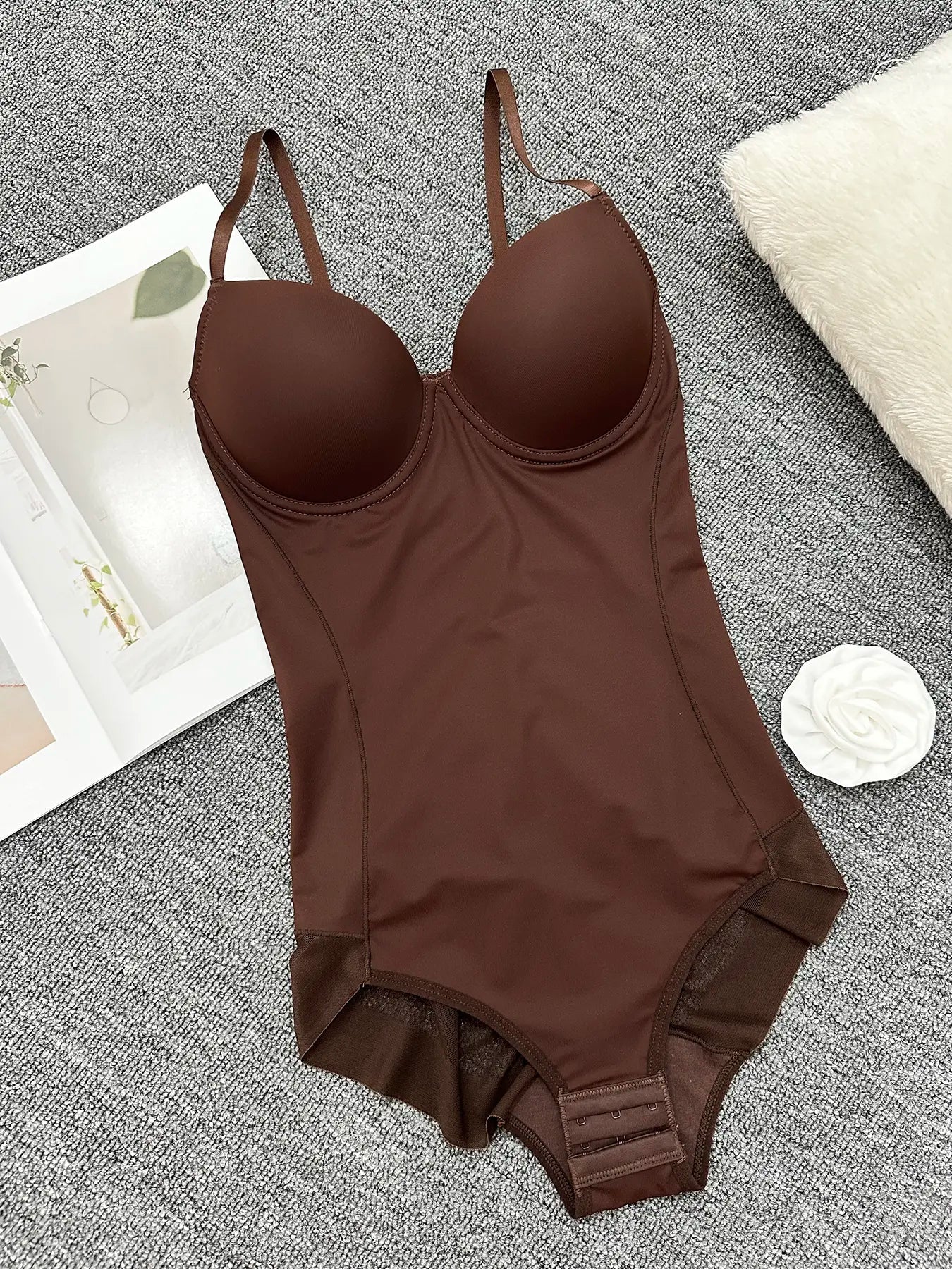Women's Solid Color Contrast Mesh Sheer Cami Shapewear Bodysuit, Adjustable Strap Tummy Control Shapewear for All Seasons