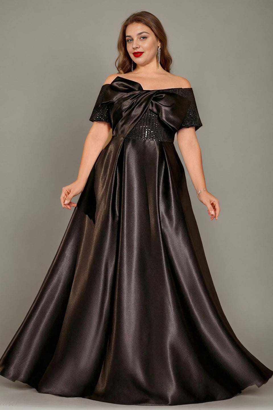 Curveins Plus Size Off Shoulder Bow Tie Front Waist Defining Long Dress Chic Maxi Dress