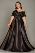 Curveins Plus Size Off Shoulder Bow Tie Front Waist Defining Long Dress Chic Maxi Dress