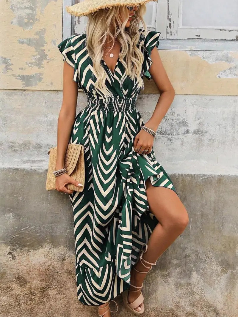 Women's Spring Summer Fashion Casual Floral V Neck Ruffle Waist Slim Bohemian Boho Style Dress, Long Cap Sleeve Fitted Wrap Dress for Vacation