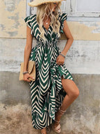 Women's Spring Summer Fashion Casual Floral V Neck Ruffle Waist Slim Bohemian Boho Style Dress, Long Cap Sleeve Fitted Wrap Dress for Vacation