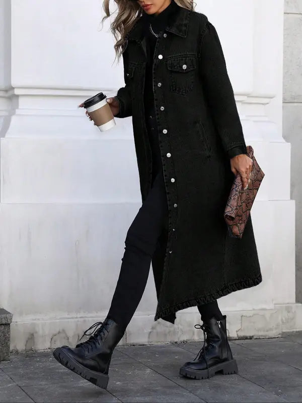 Women's Button Front Denim Coat, Elegant Casual Long Sleeve Denim Jacket for Spring & Fall, Women's Clothing for Daily Wear, Outerwear
