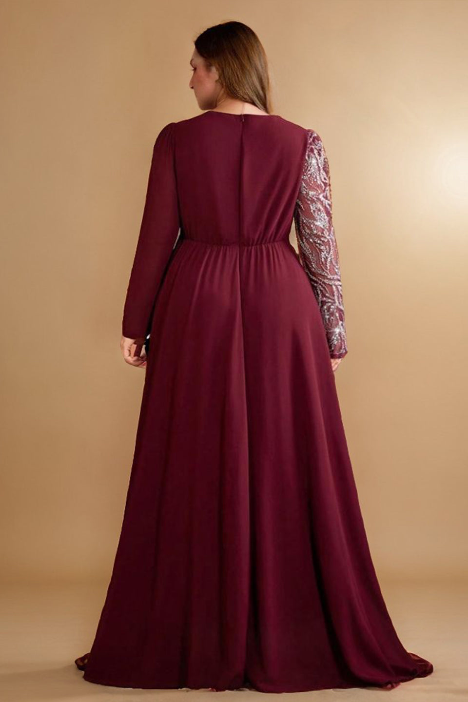 Curveins Plus Size Elegant Ruched Waist Long Sleeve Round Neck Maxi Dress