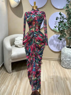 Women's Tie Dye Printed Two Piece Set Outfits, Wrap Long Sleeve Crop Top + Ruched Maxi Skirt