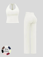 Women's yoga set with double straps, luxury activewear for running and exercise, colorblock fleece fabric.
