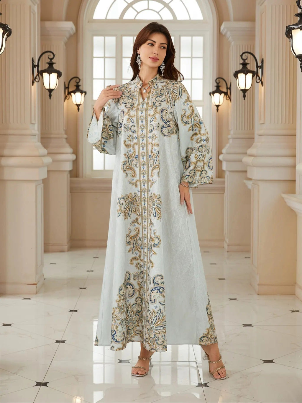 Middle Eastern Women's New Fabric Printed Embellished Dress, Arabic Long Robe Evening Gown Abayas Full Beaded Jalabiya, Abayas For Eid