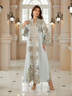 Middle Eastern Women's New Fabric Printed Embellished Dress, Arabic Long Robe Evening Gown Abayas Full Beaded Jalabiya, Abayas For Eid