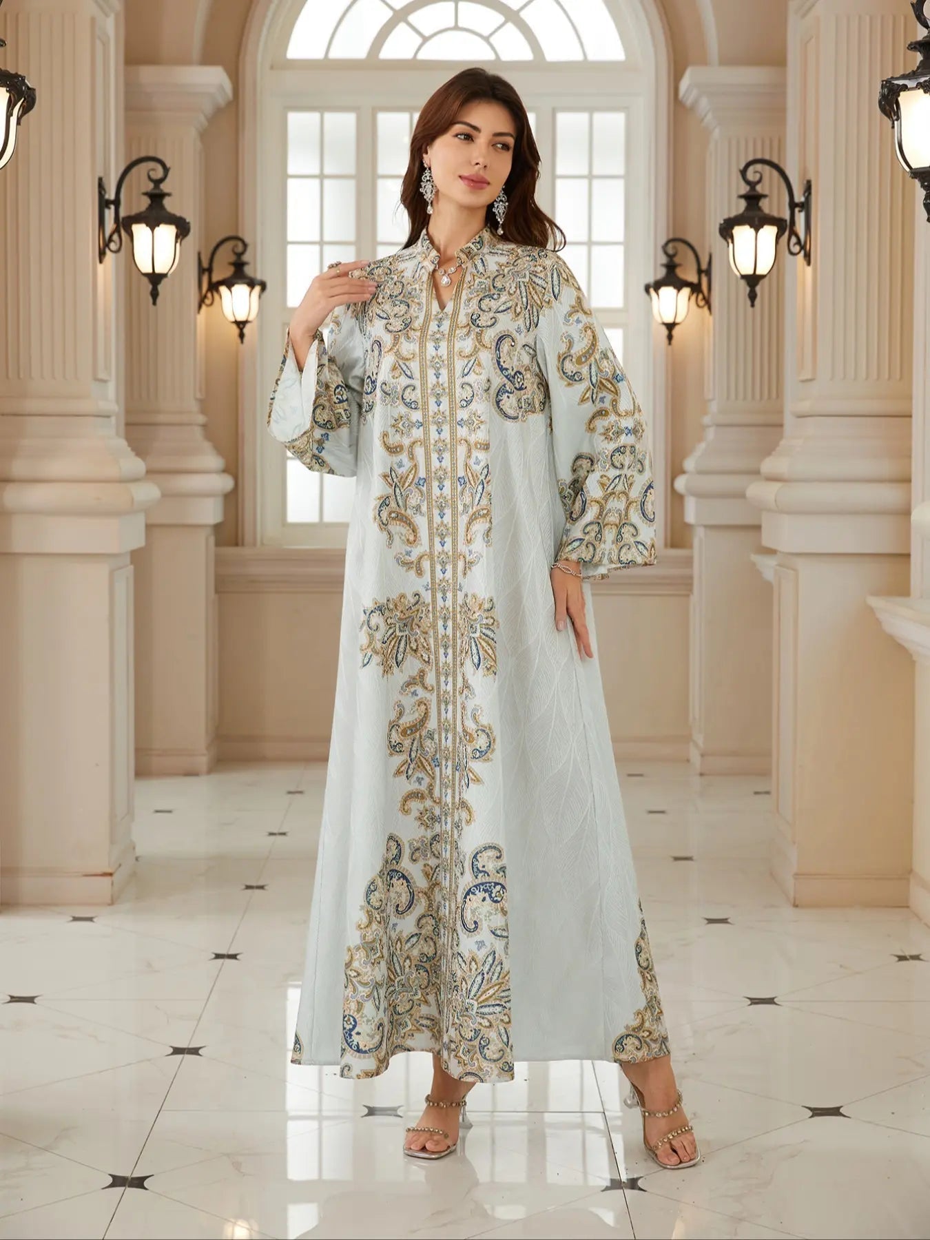 Middle Eastern Women's New Fabric Printed Embellished Dress, Arabic Long Robe Evening Gown Abayas Full Beaded Jalabiya, Abayas For Eid