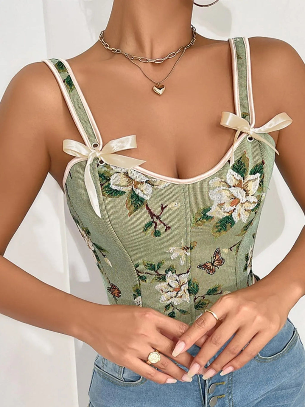 Women's Floral Print Adjustable Lace Up Corset Structure Shapewear Tank Top, Fashionable Bow Decor Shapewear Top for Daily Wear, Tummy Control Shaper for Women