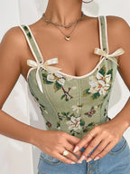 Women's Floral Print Adjustable Lace Up Corset Structure Shapewear Tank Top, Fashionable Bow Decor Shapewear Top for Daily Wear, Tummy Control Shaper for Women