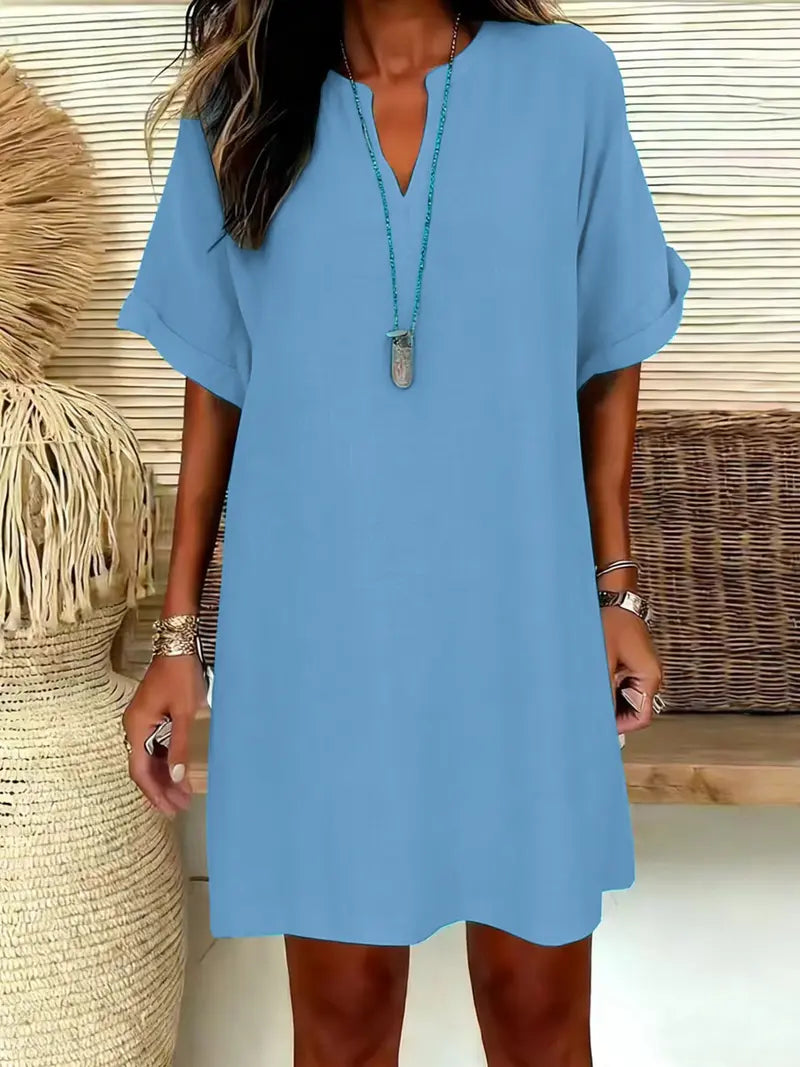 Women's Plain Notched-Neck Short Sleeve Midi Dress, Casual Chic Fashion Drop Shoulder A-Line Dress for Summer, Comfortable and Stylish Dress