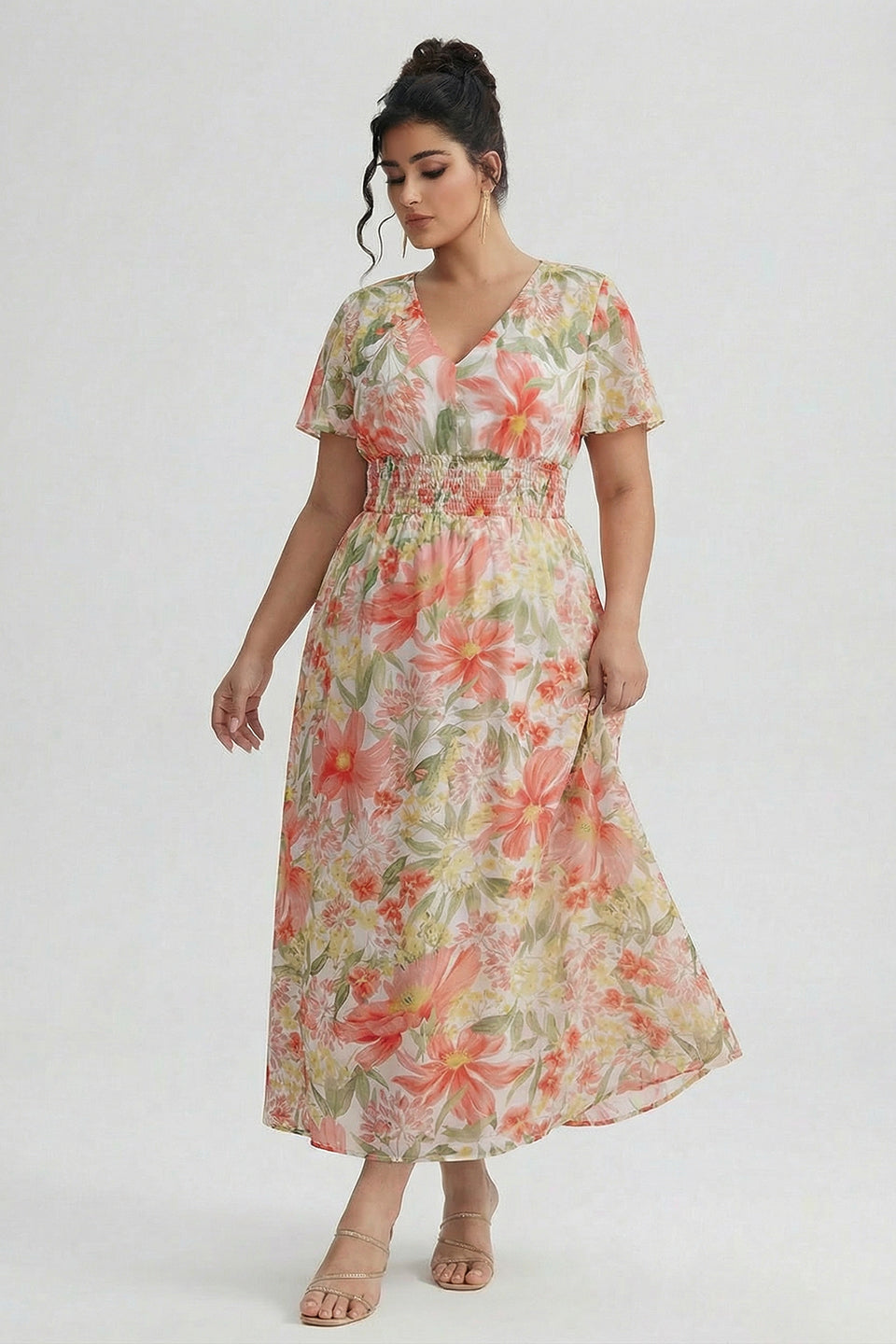 Curveins Plus Size V Neck Batwing Sleeve Cinched Waist Floral Pattern Maxi Dress