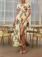 Women's Floral Print Button Front Dress, Boho French Style Short Sleeve Dress for Summer, Women's Clothes for Beach Vacation Holiday