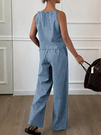 Two-Piece Women's Casual Summer Striped Lightweight Spaghetti Strap Sleeveless Top & Loose Long Pants Outfit Set, Comfortable Stylish Set
