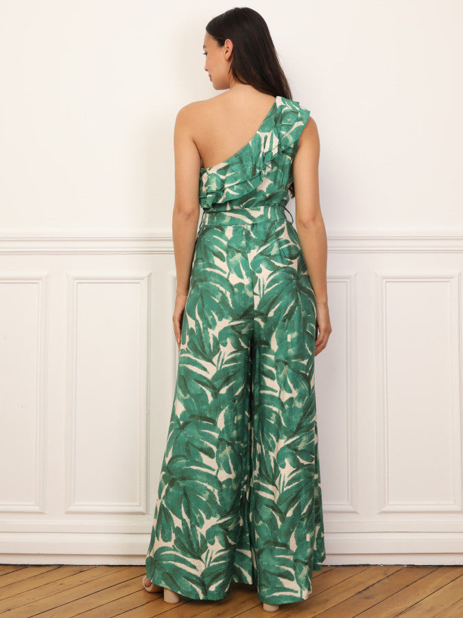 Asymmetric tropical print jumpsuit